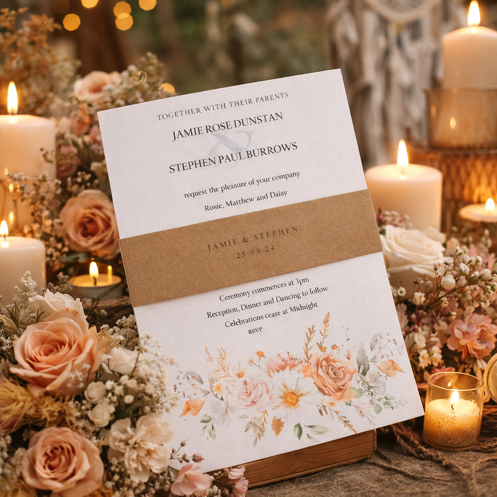 Bo Ho Wedding Invite with Daisies, Roses and foliage in blushes, ivories, burnt oranges