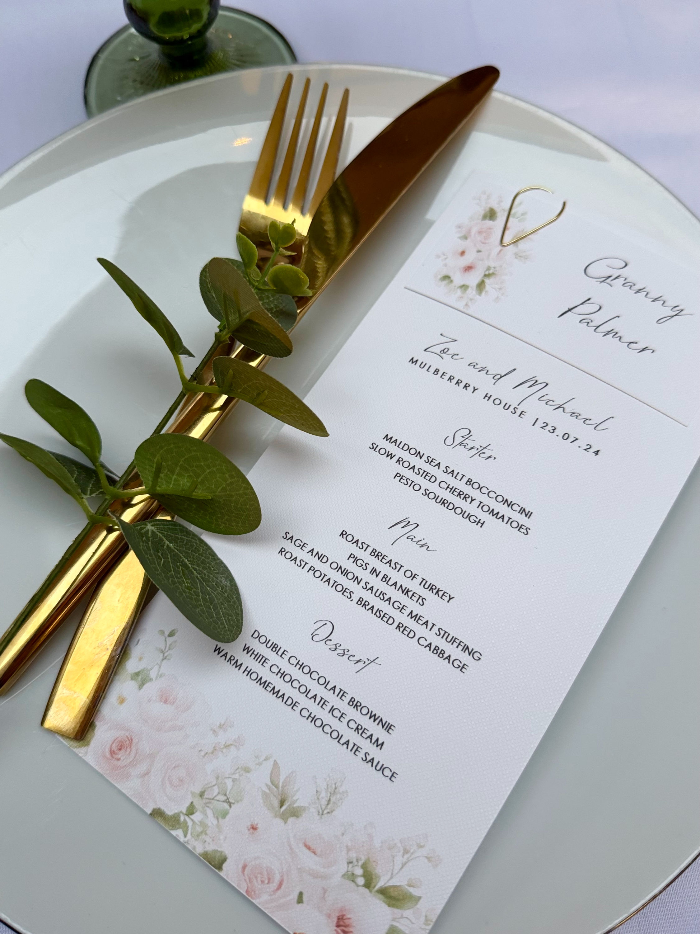 Dusty Rose Wedding Menu card with attached guest name tag