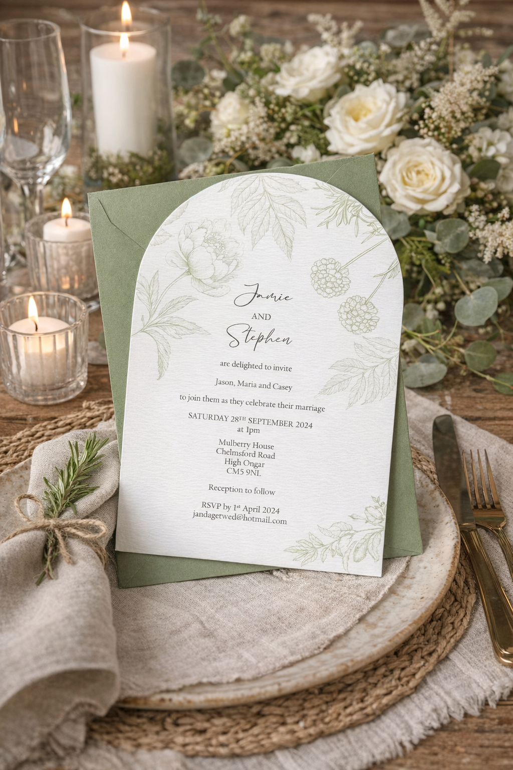 Arch Shaped Wedding Invitation with green florals and guest names entered
