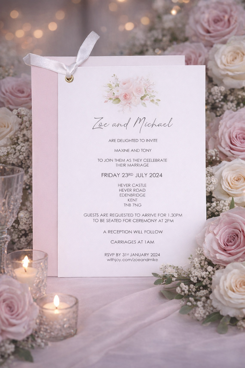 Dusty Rose  - Invitation/guest info card/metal eyelet and ribbon 