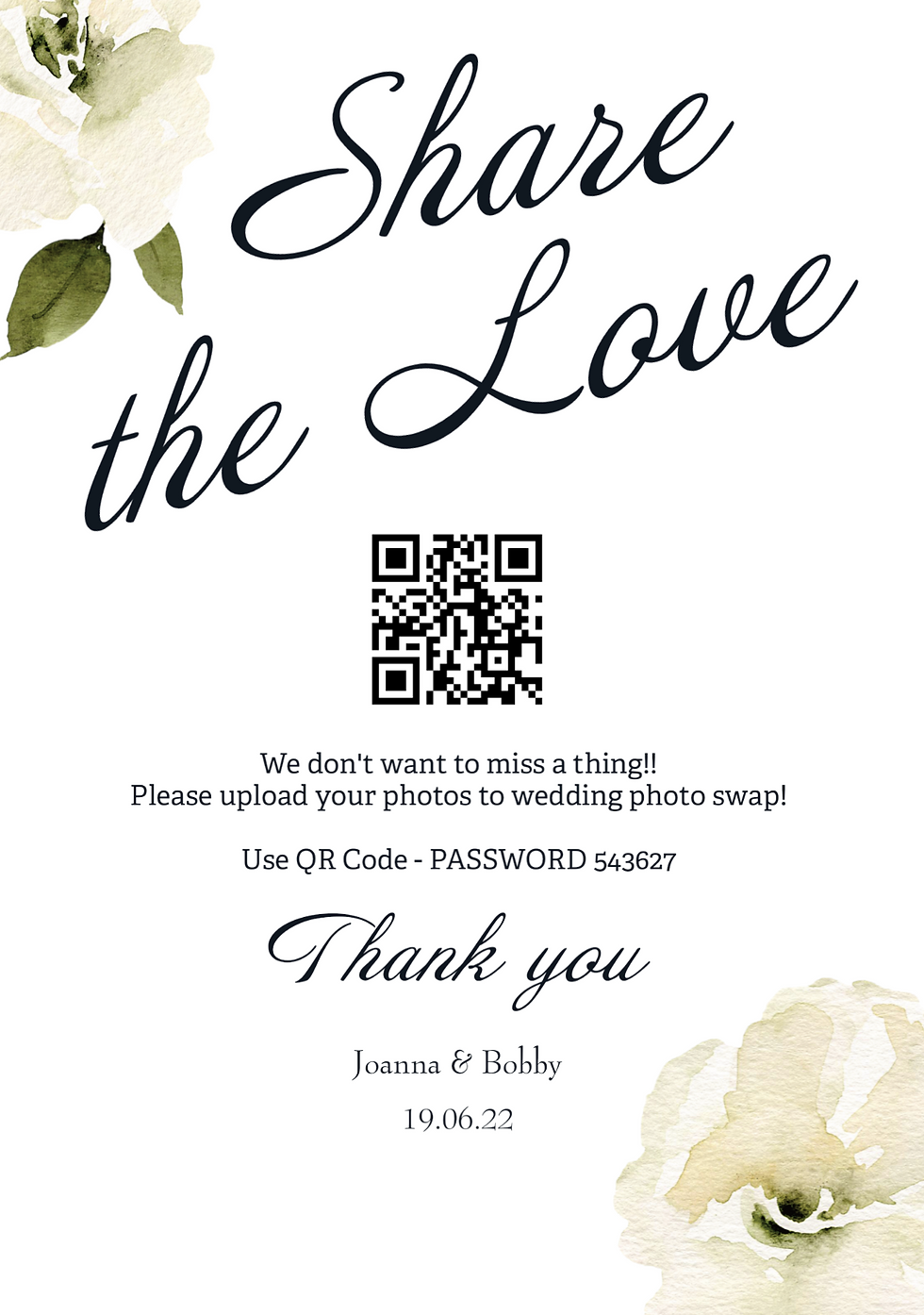 Photo sharing sign with ivory rose and green foliage
