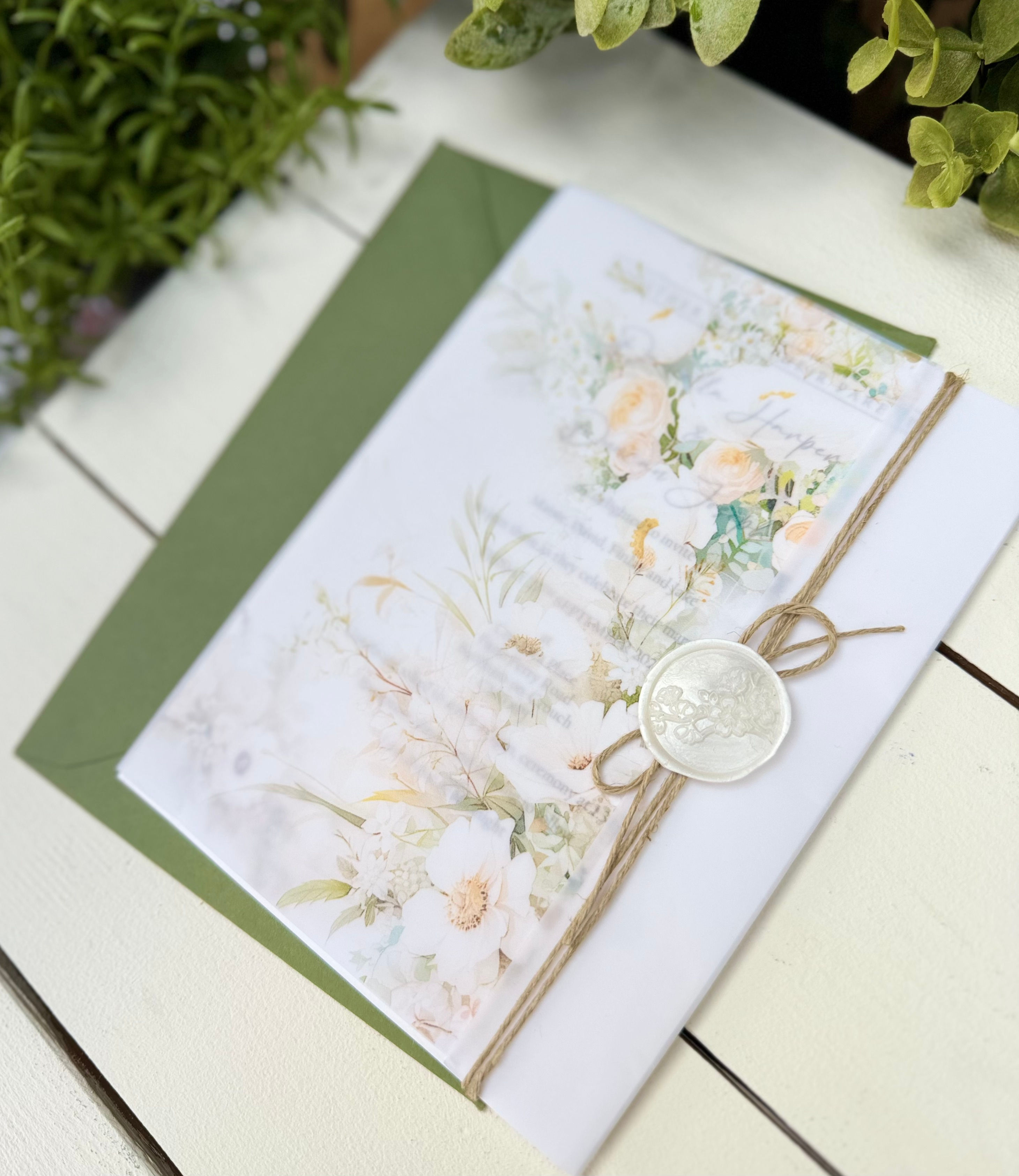 Rustic White - invite/vellum wallet/guest info card/string & wax seal 