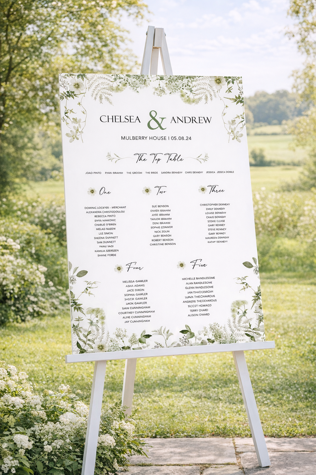 Wedding Table Plan with green foliage