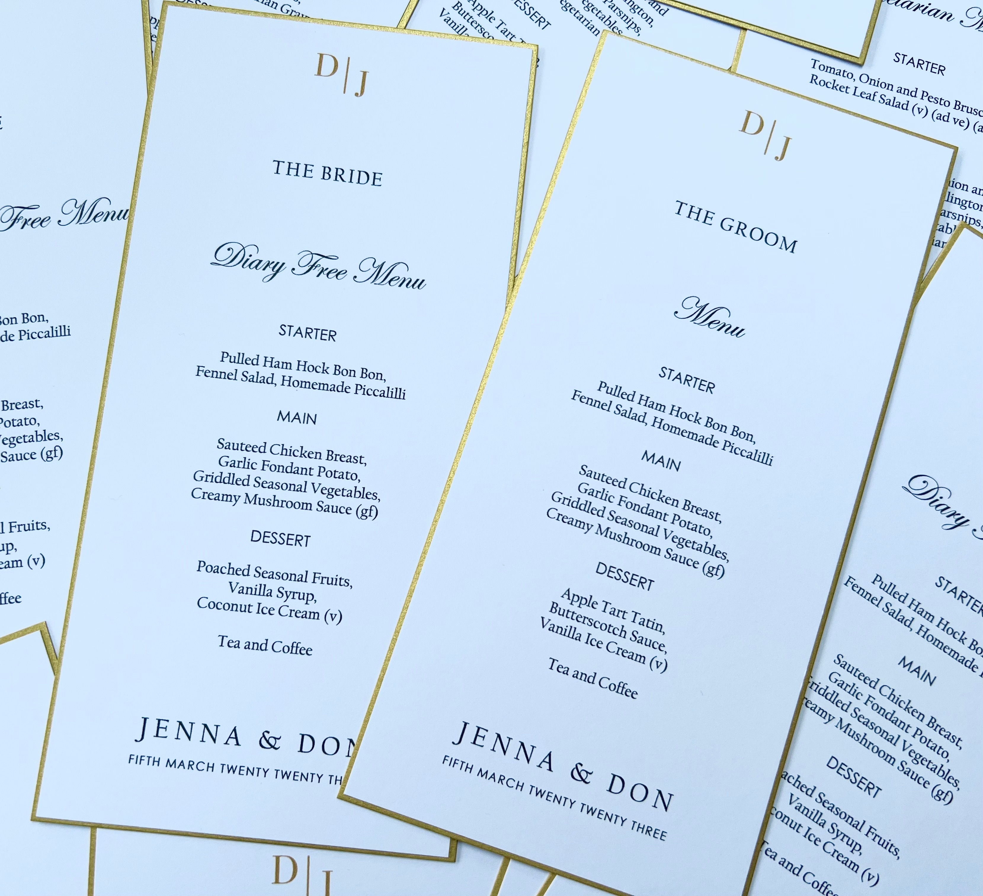 Monogram - Menu Card with guest names - White with gold border