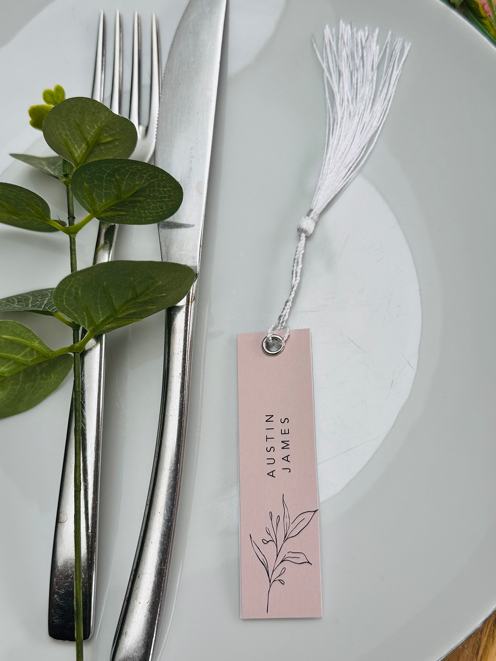 Thumbnail: Wedding Day Place Name Tag in Blush and White with white silk Tassel