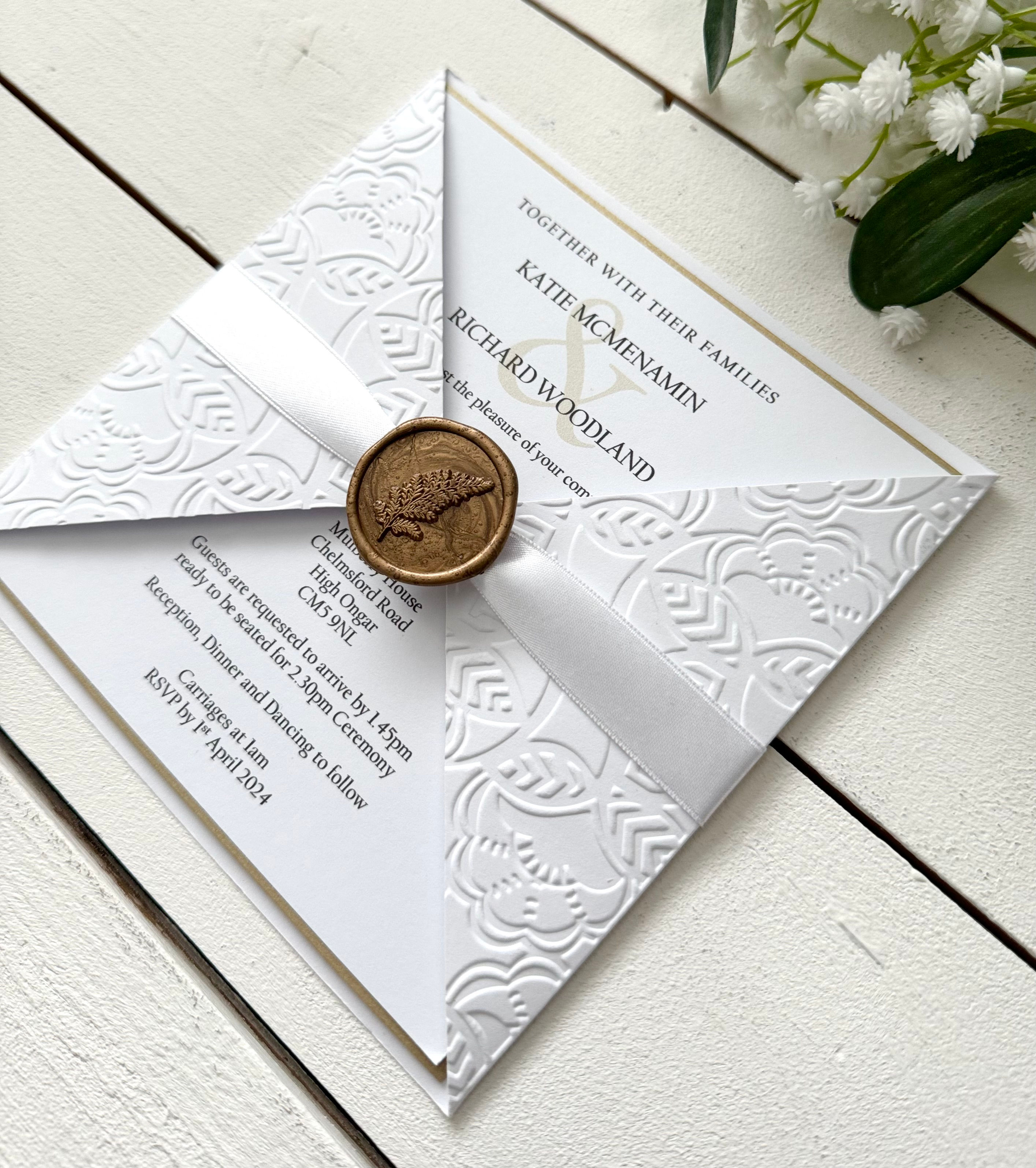 Vintage Bloom - embossed gatefold card/bordered gold/wax seal ribbon/guest info