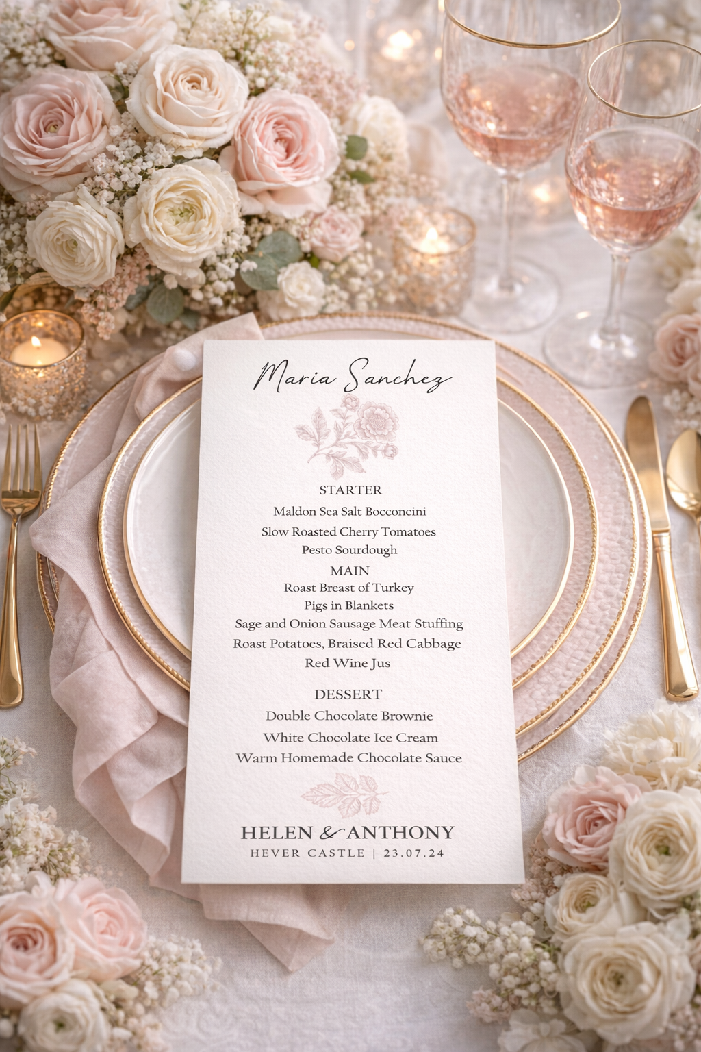 Muted Pink - Wedding day menu with printed guest name