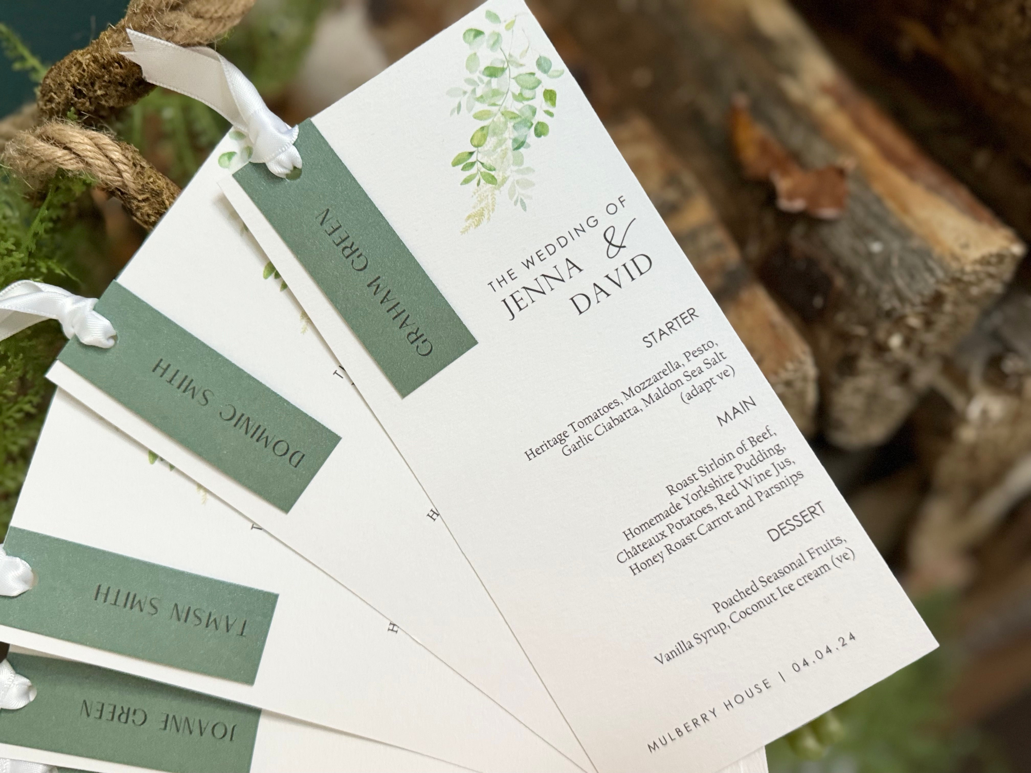 Wedding Menu Card in Sage and White with attached guest name