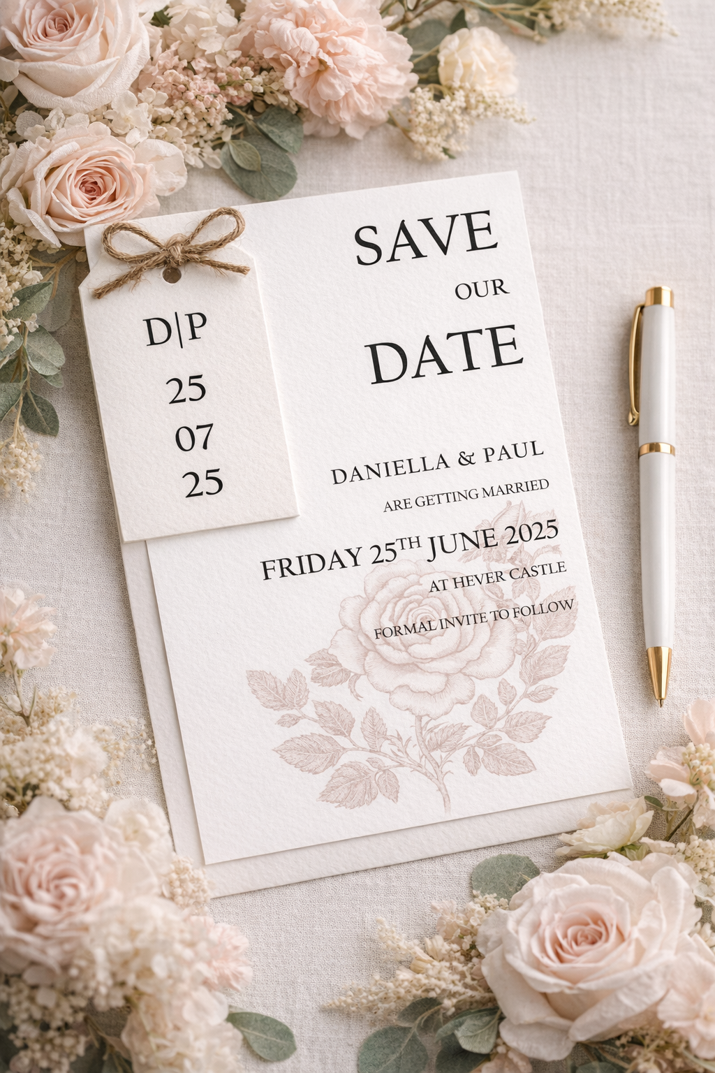 White Save the Date - with wedding date tag tied with brown string