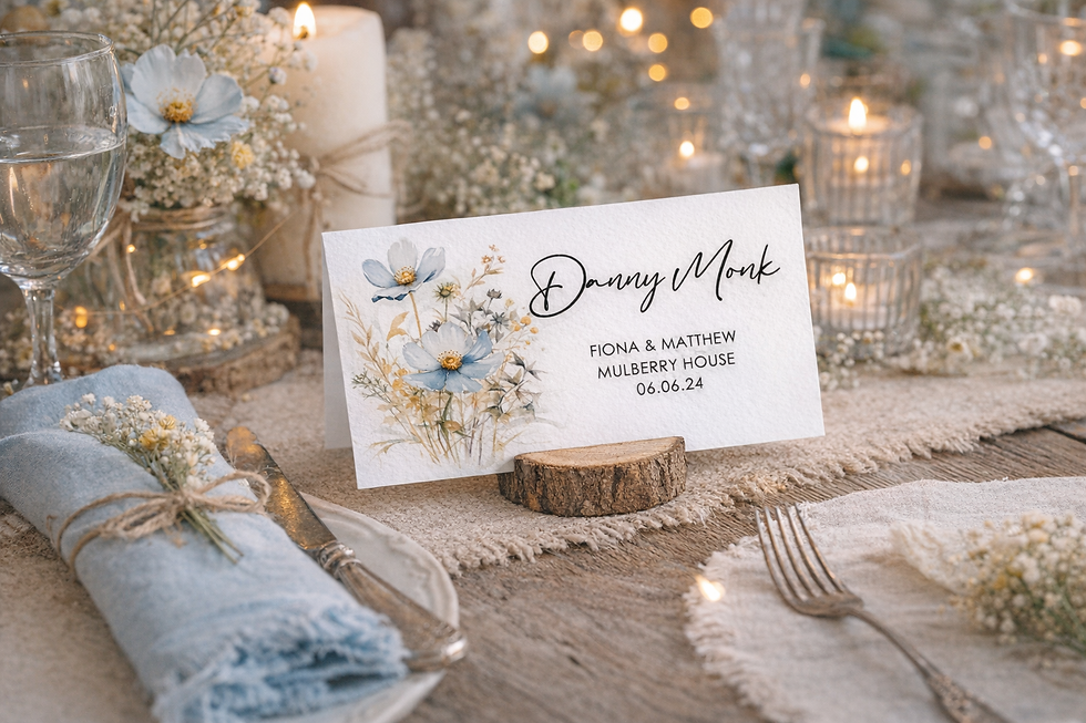 Wedding Place Name Cards with blue poppy