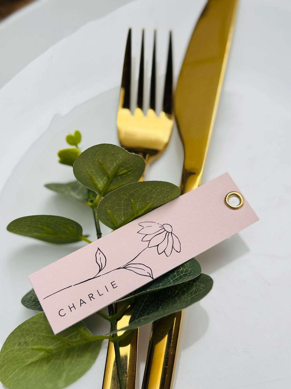 Thumbnail: Blush and White Wedding Day Place name tags with simple flower