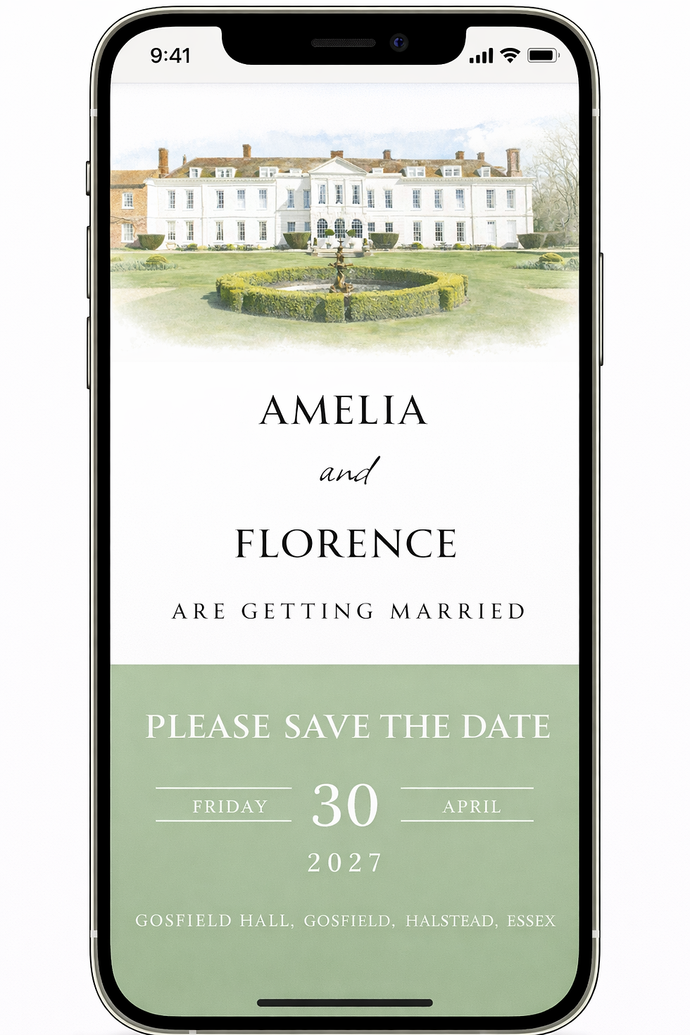 Digital Save the Date for Gosfield Hall, Essex