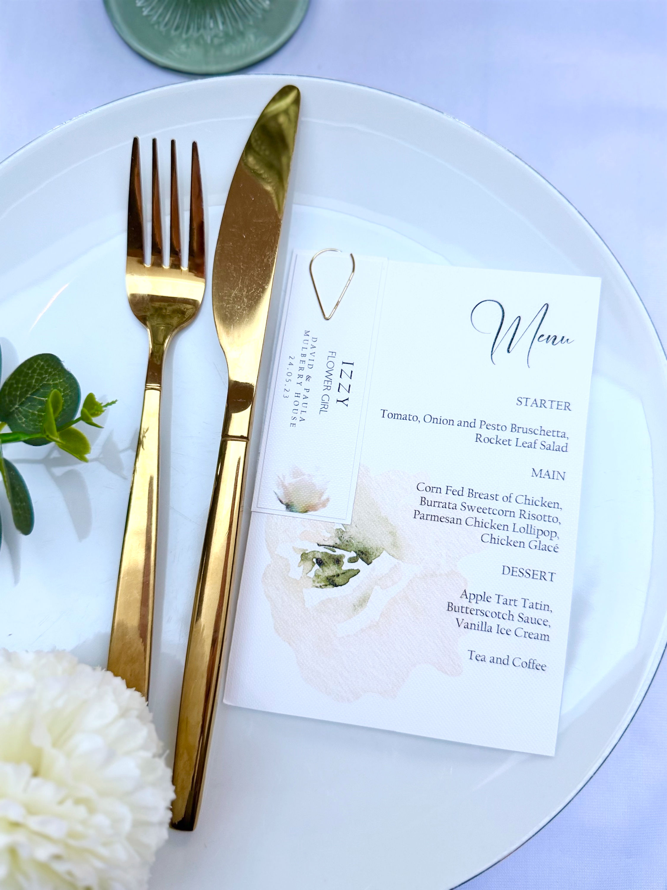 Wedding Day Menu Card with white rose