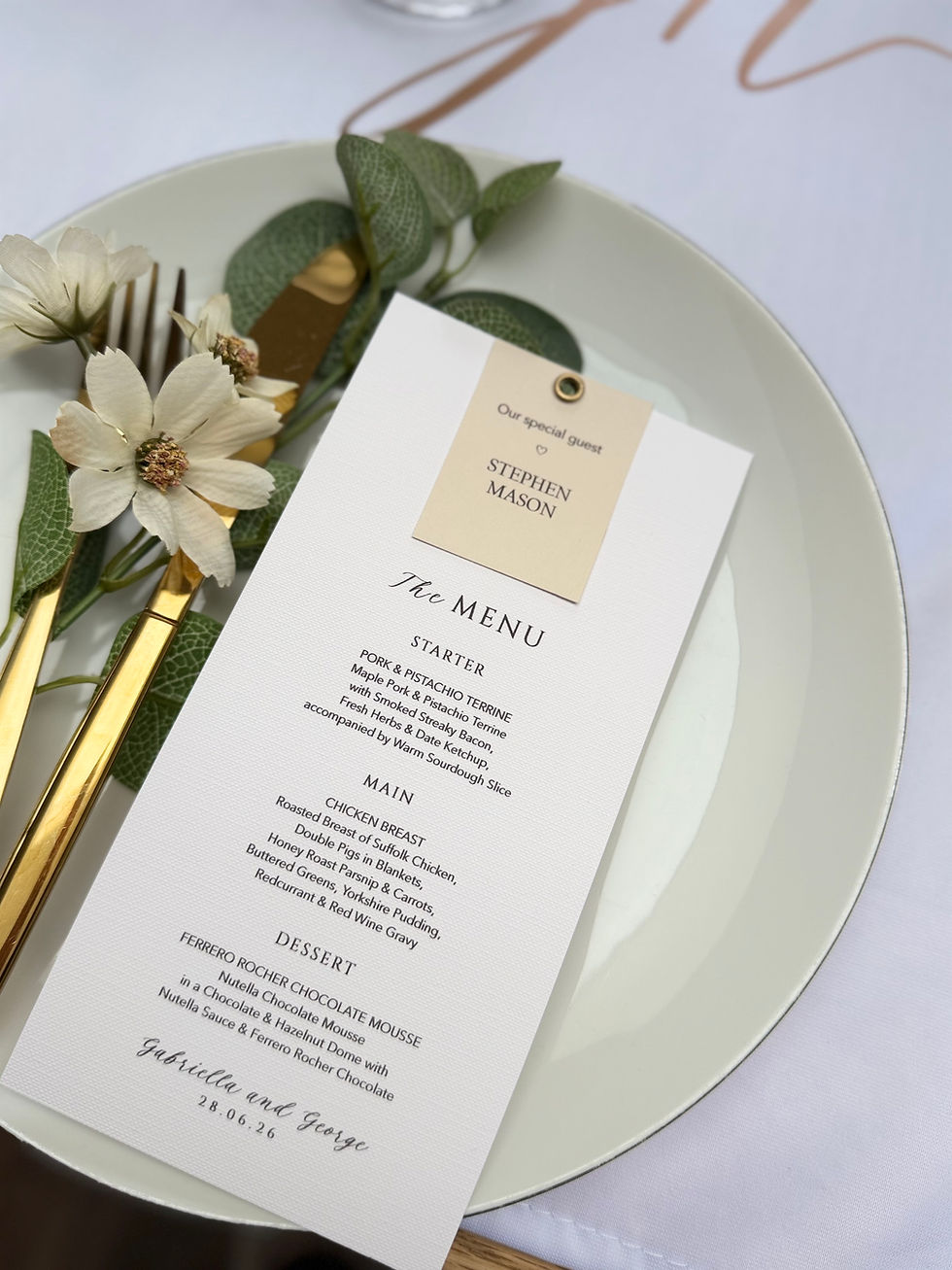 Thumbnail: Eternity - Wedding Menu Card with attached guest name tag (White/Sage)