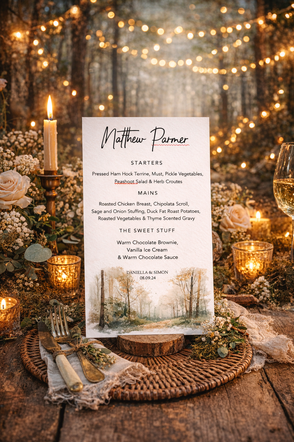 Menu card with Woodland design and printed guest name.