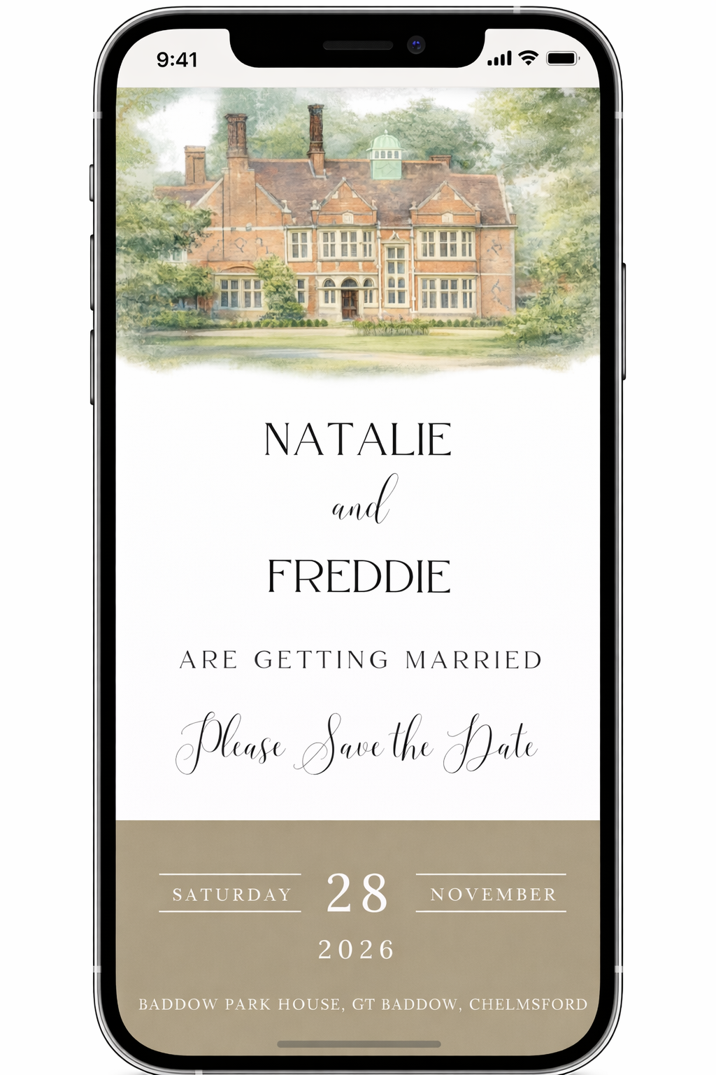 Digital Save the Date for Baddow Park House Essex