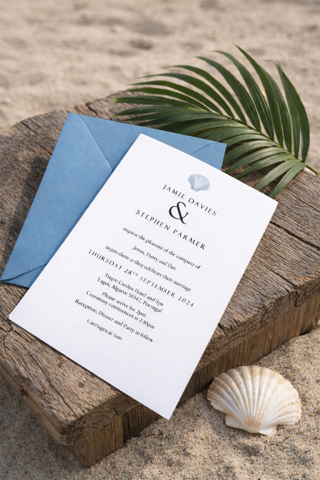 Sea shell Wedding invitations for wedding abroad/destination wedding