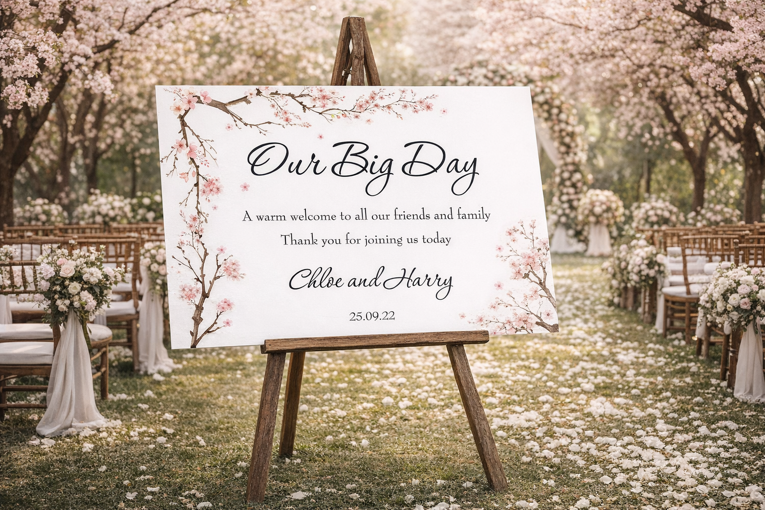 Wedding Day Welcome Sign with cherry blossom - Spring wedding