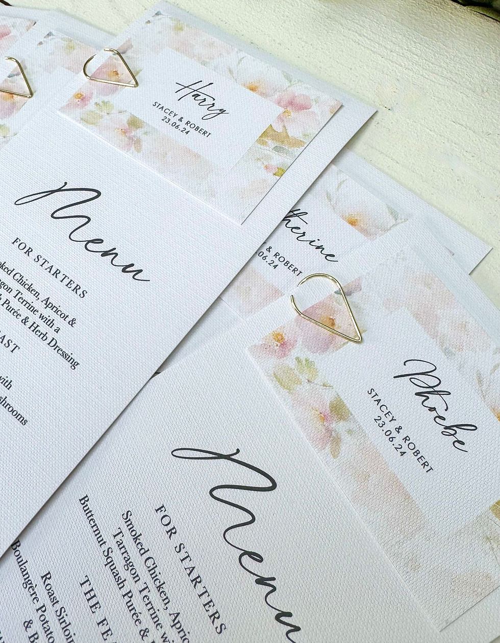 Thumbnail: "Sweet Blushes" Menu with guest name and teardrop clip