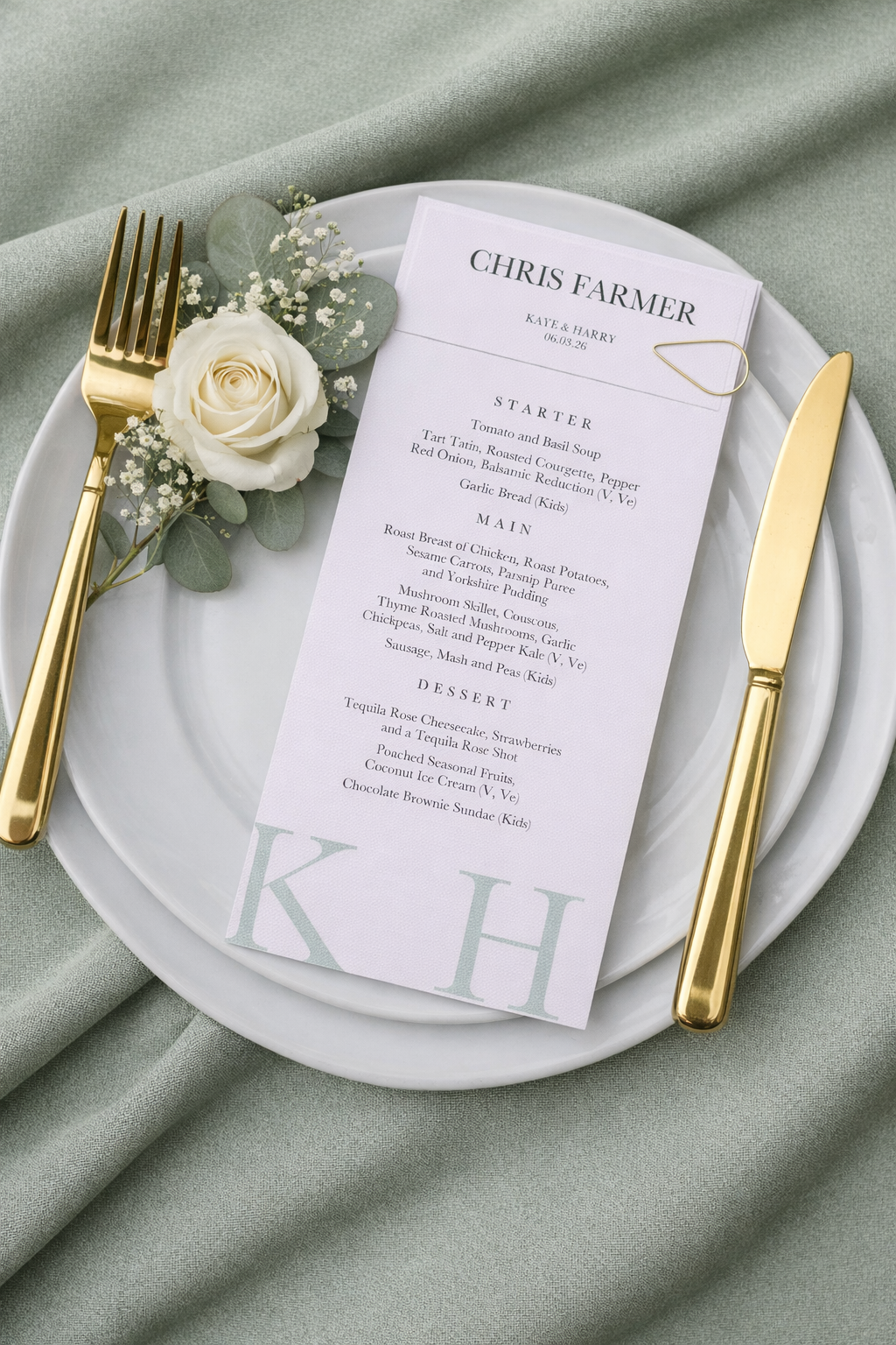 Wedding Menu with attached guest name tag (Sage and White)