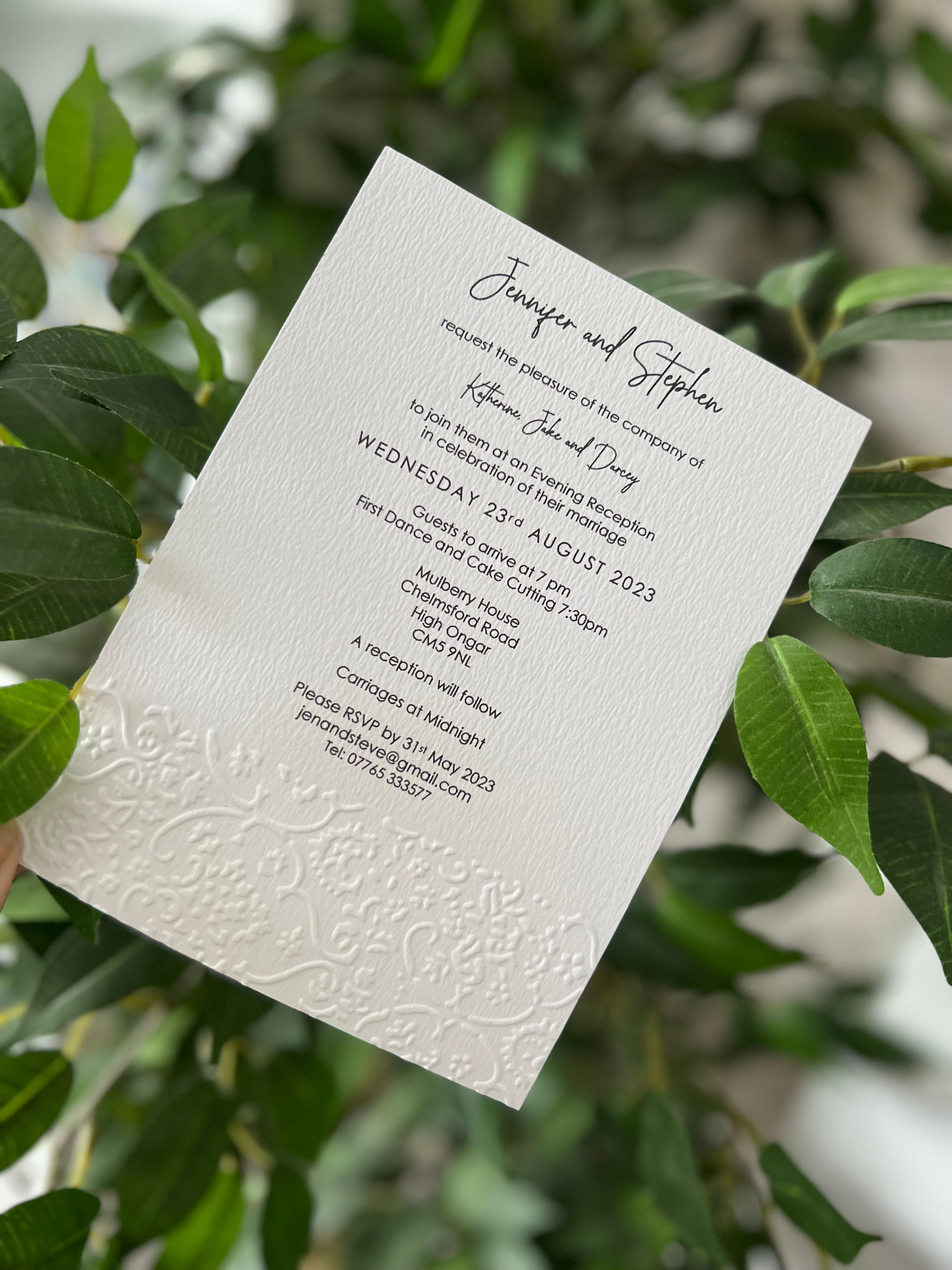 Damask embossed evening invitation