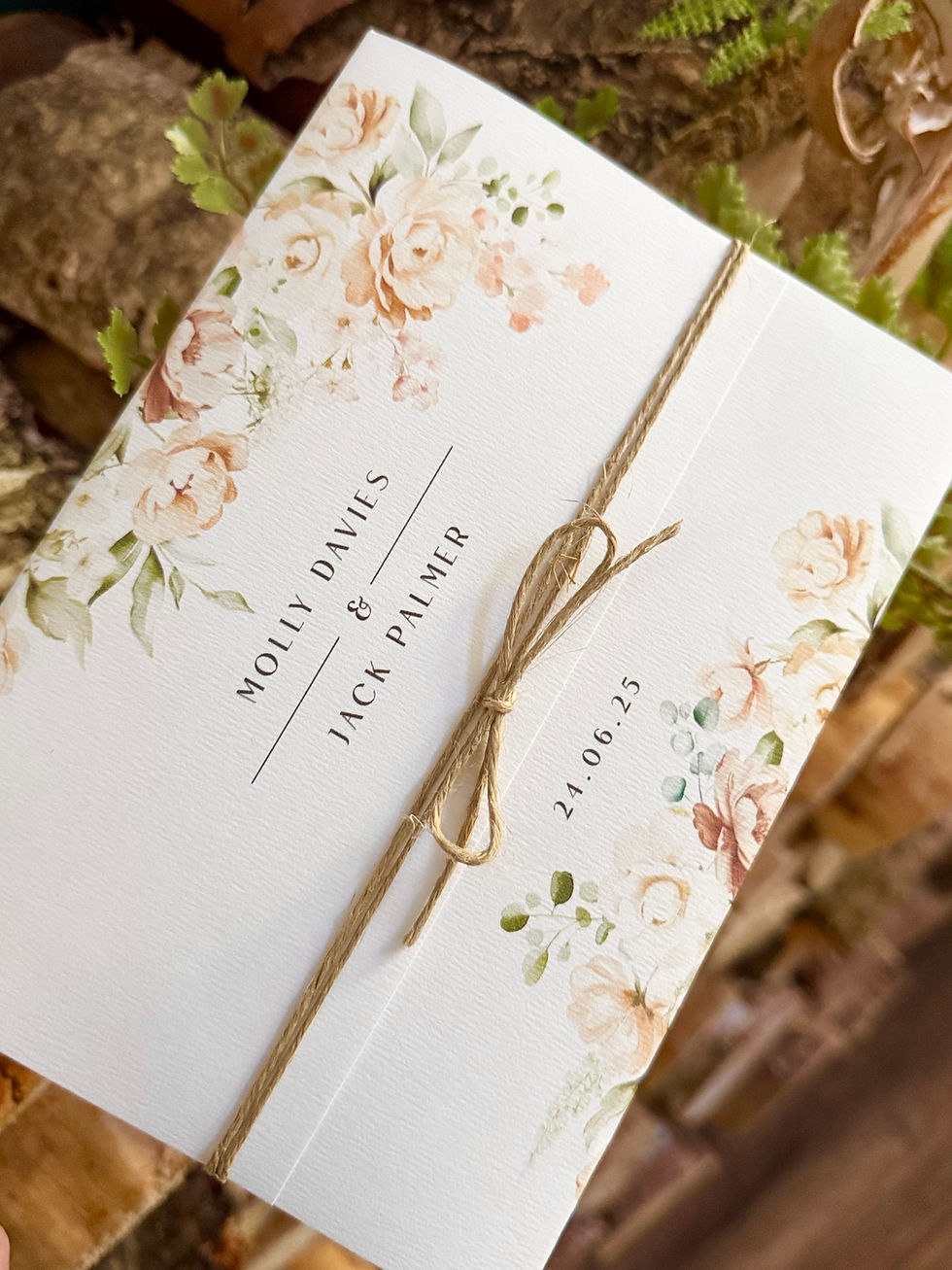 Thumbnail: Romantic Neutrals - Invitation/printed paper wallet/guest info card/string tied 