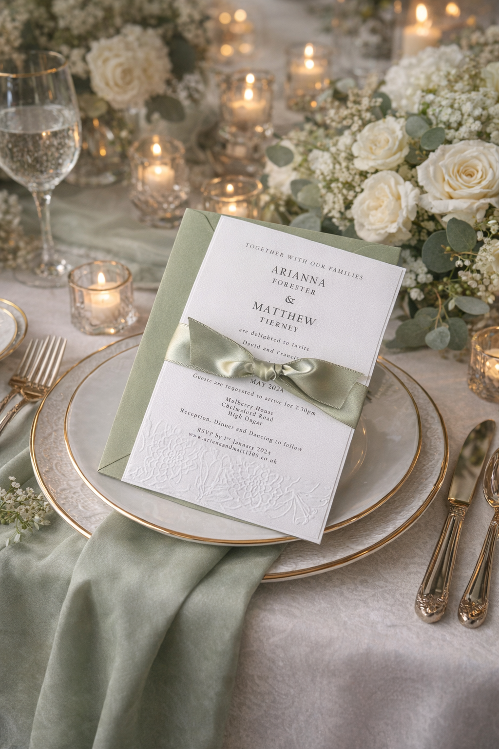 Bouquet embossed - inc wedding invitation/guest info and ribbon