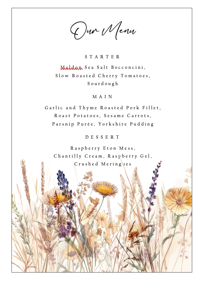 Woodland Meadow Menu