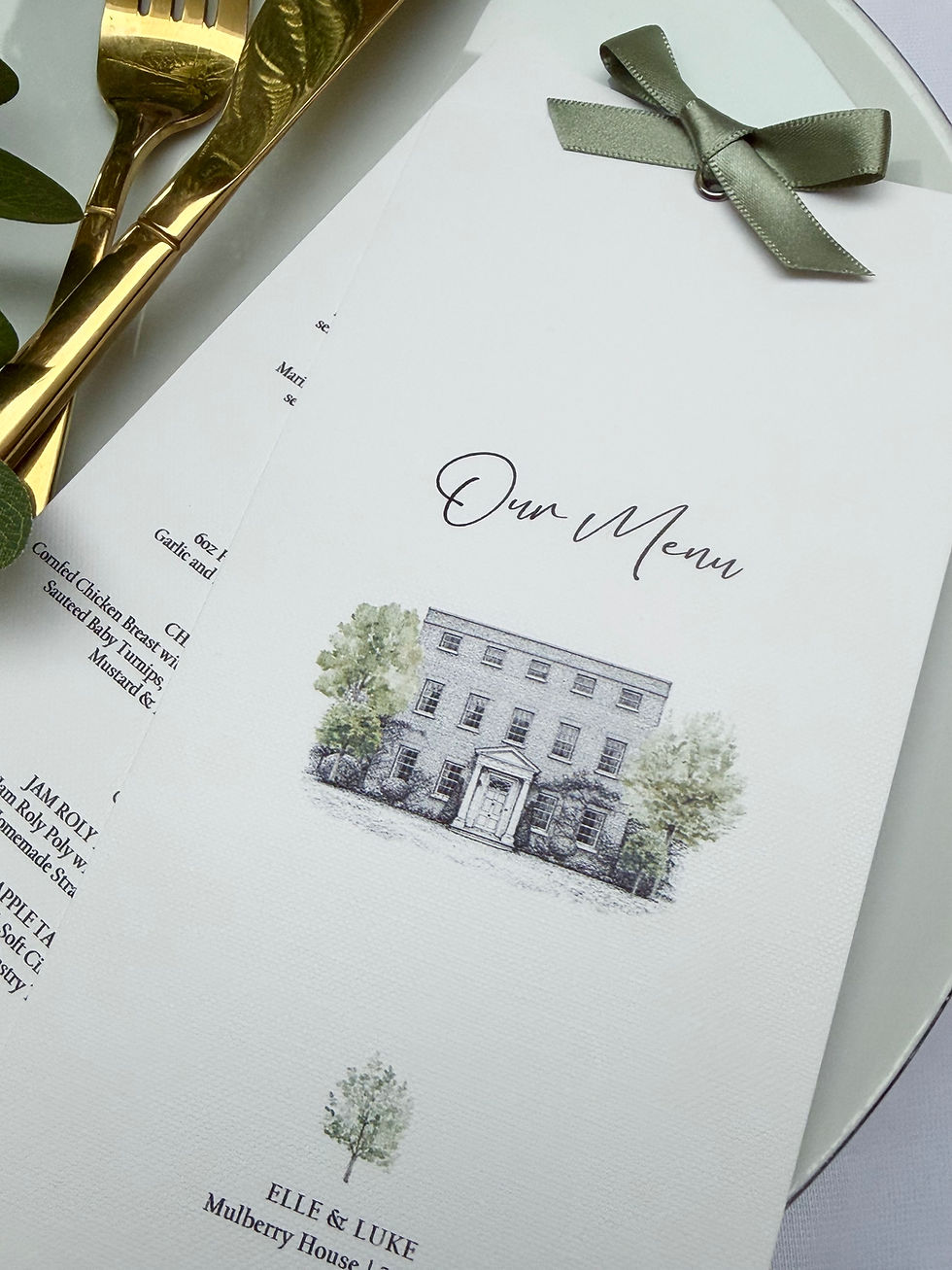 Thumbnail: Wedding Menu Card with printed menu and venue illustration