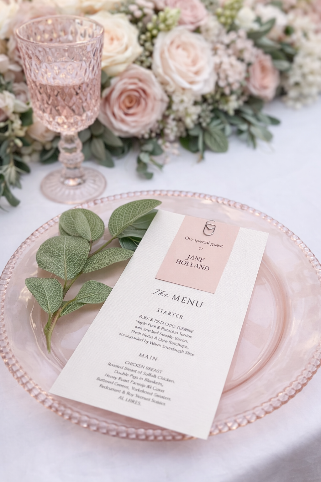 Wedding menu card with guest name tag - blush and white