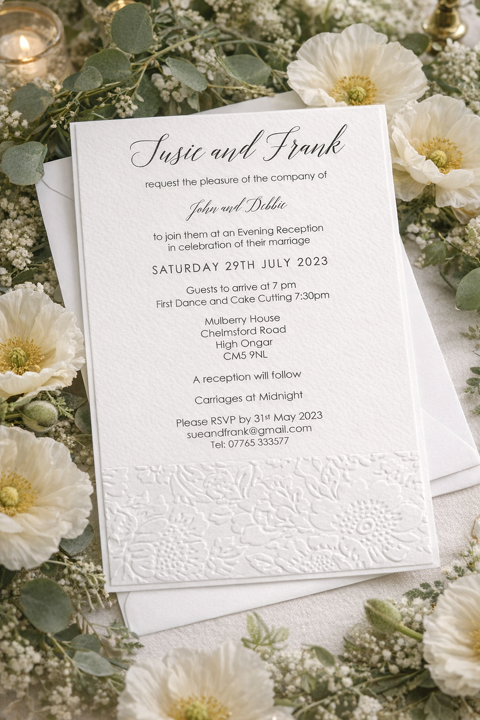 Embossed Wedding invitation in white - evening invitation with vintage poppy desugn