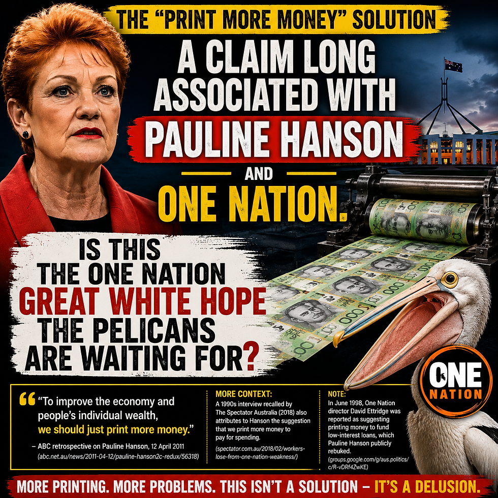 PAULINE HANSON HAS LONG BEEN ASSOCIATED WITH THE PROPOSITION THAT AUSTRALIA COULD “PRINT MORE MONEY” TO ADDRESS ECONOMIC PROBLEMS.