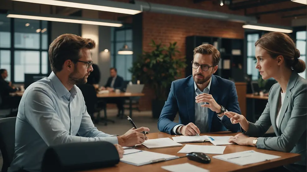 A group of colleagues discussing workplace policies in a private setting.