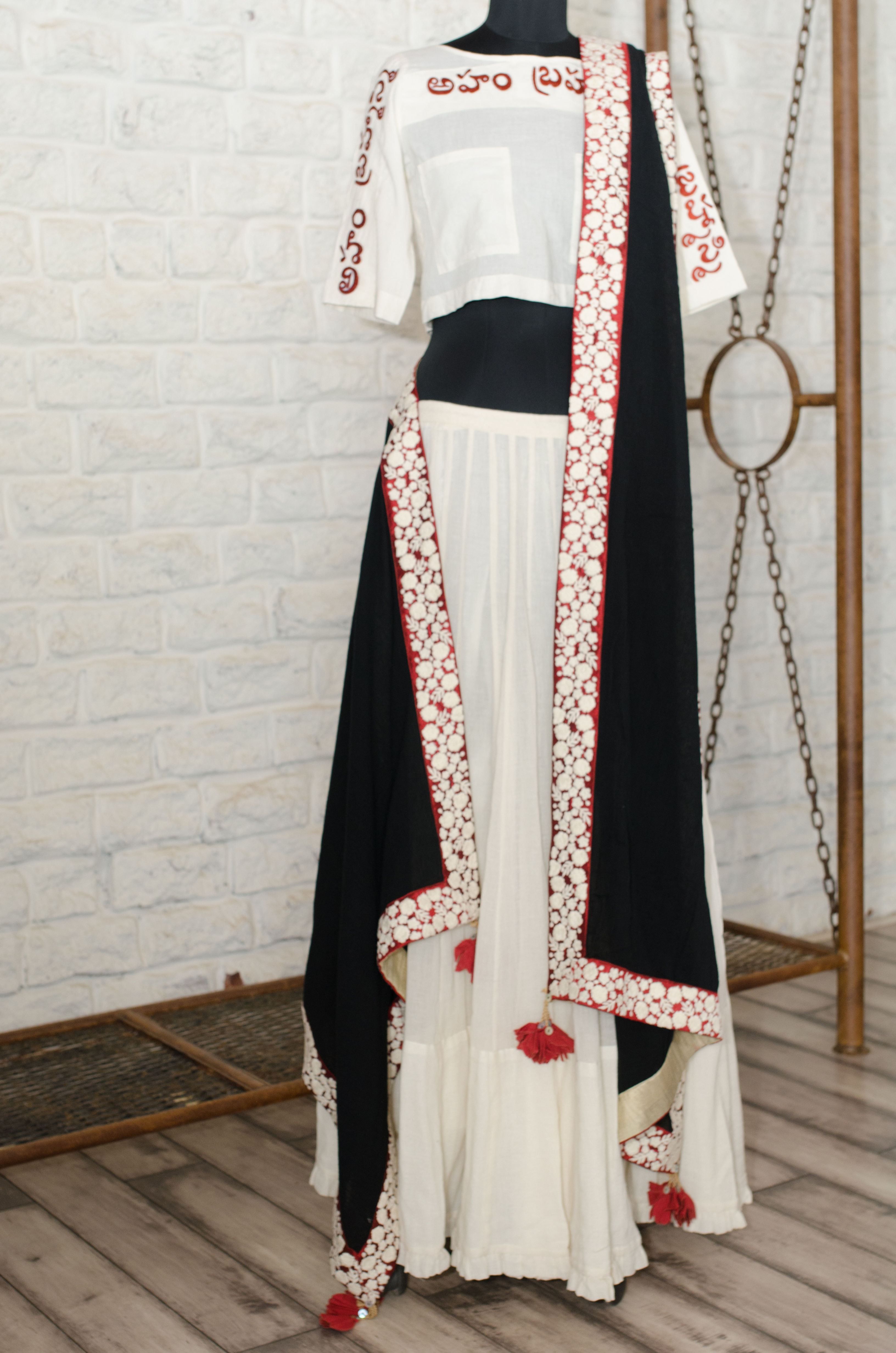 Off white crushed khadi lehenga