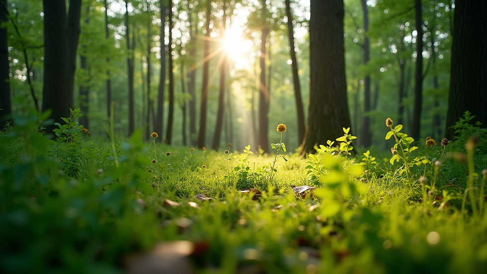 Eye-level view of a lush green forest with sunlight filtering through the trees