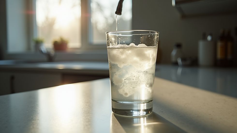 High angle view of a cloudy glass of tap water on a kitchen counter