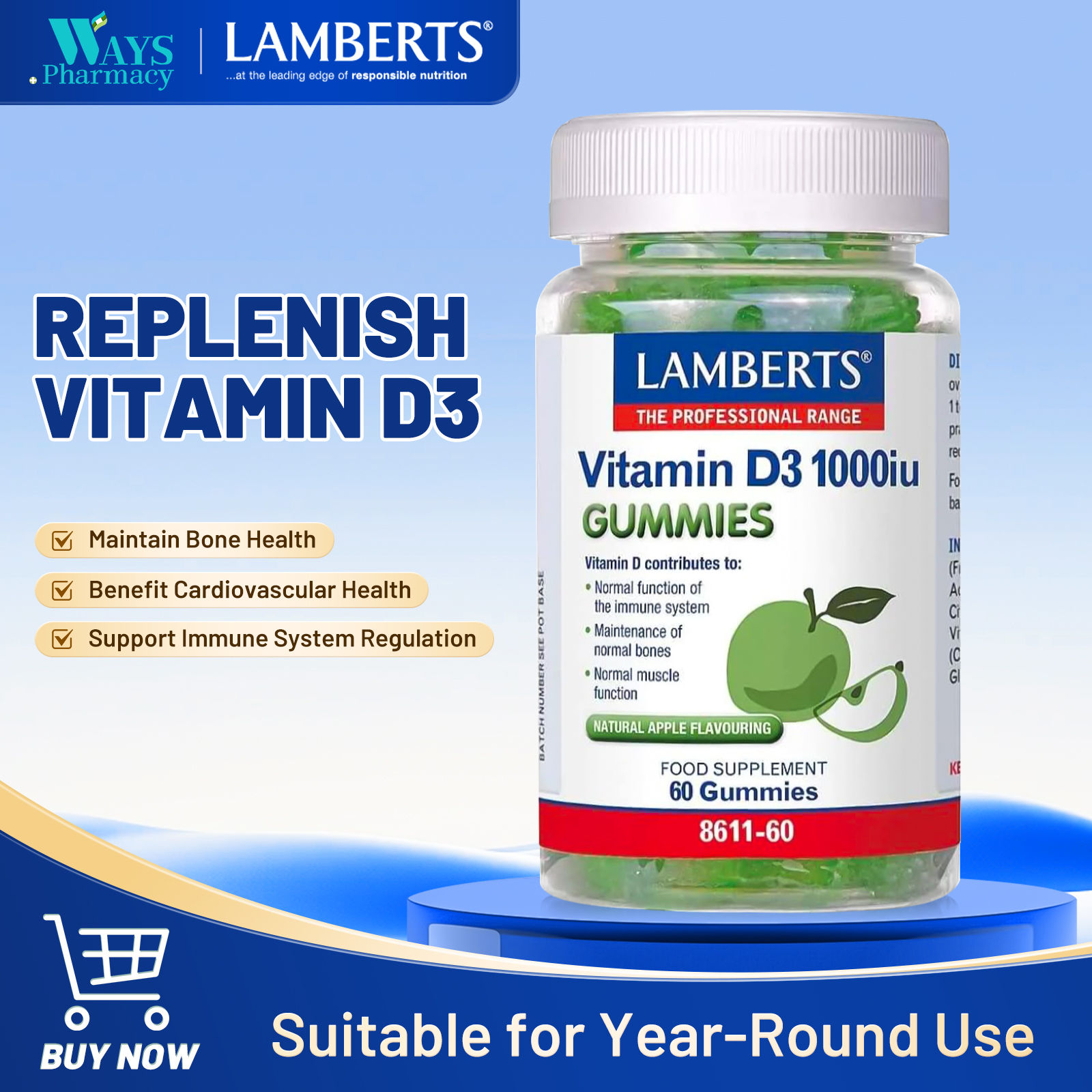 Lamberts Vitamin D3 1000iu Gummies - Suitable for Vegetarians - Immune & Bone Su