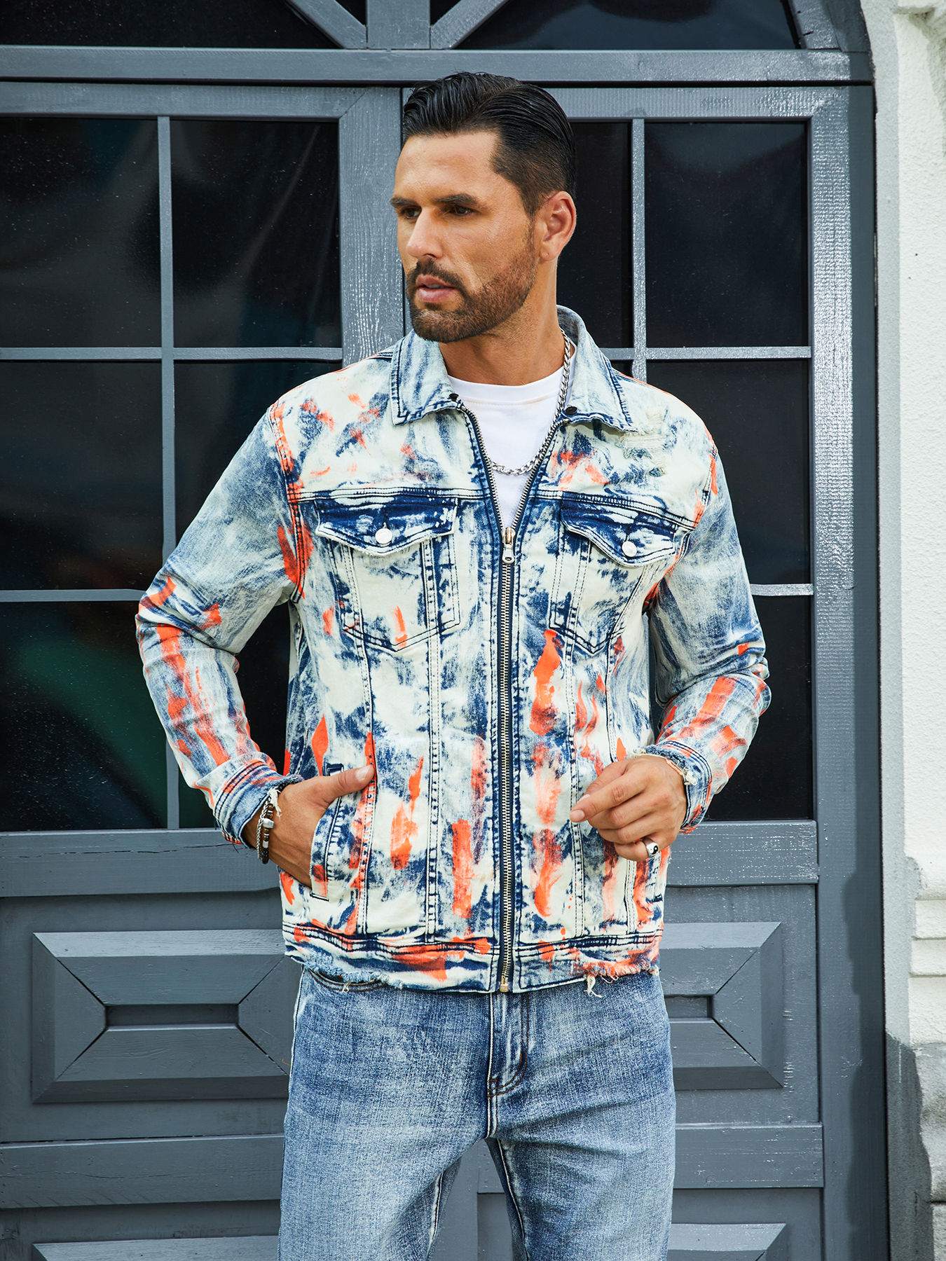 Men's Fashion Stretch Jacket, Full Stripe Print, Fashion Wash, Patterned Bay, S