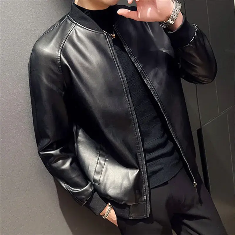 Miniaturbild: Men's PU Leather Jacket Fashion Baseball Collar Casual  Jackets Solid Color Mot