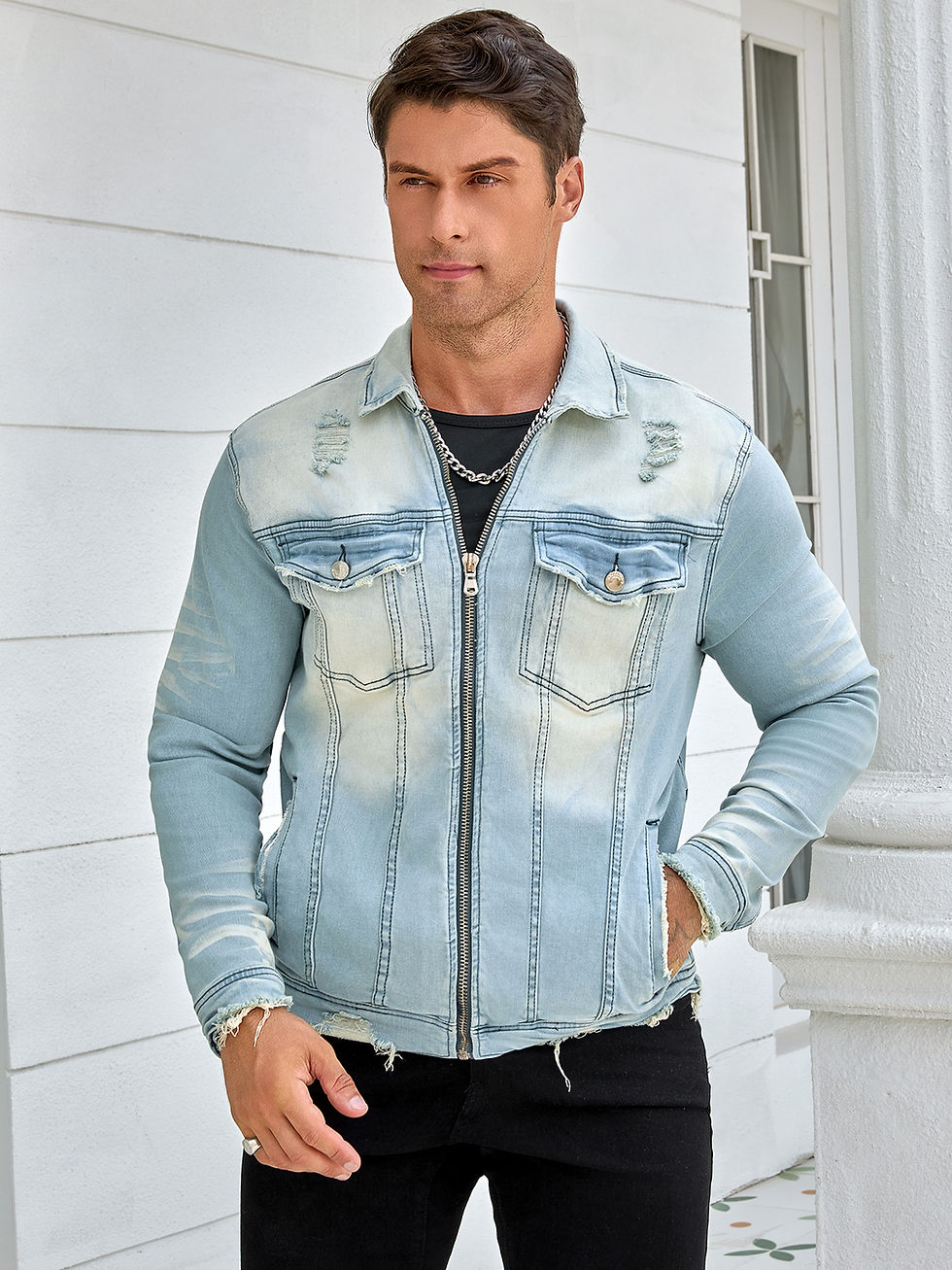 Thumbnail: Men's denim stretch jacket, stylish zipper style, fashion wash, street rock sty