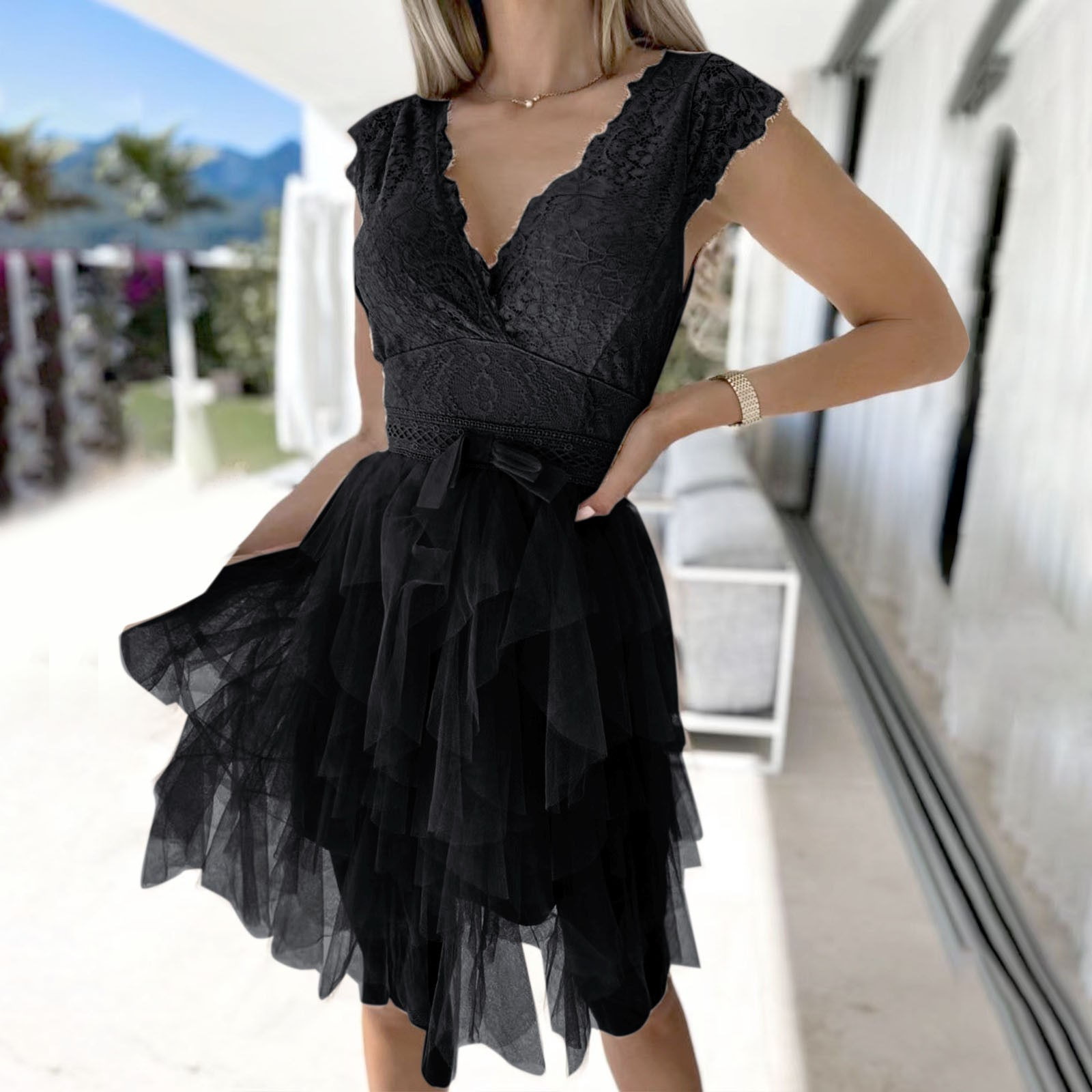 Backless White Lace Wedding Party Dress Women's Sexy Bow Lace-up Mesh Sleeveles