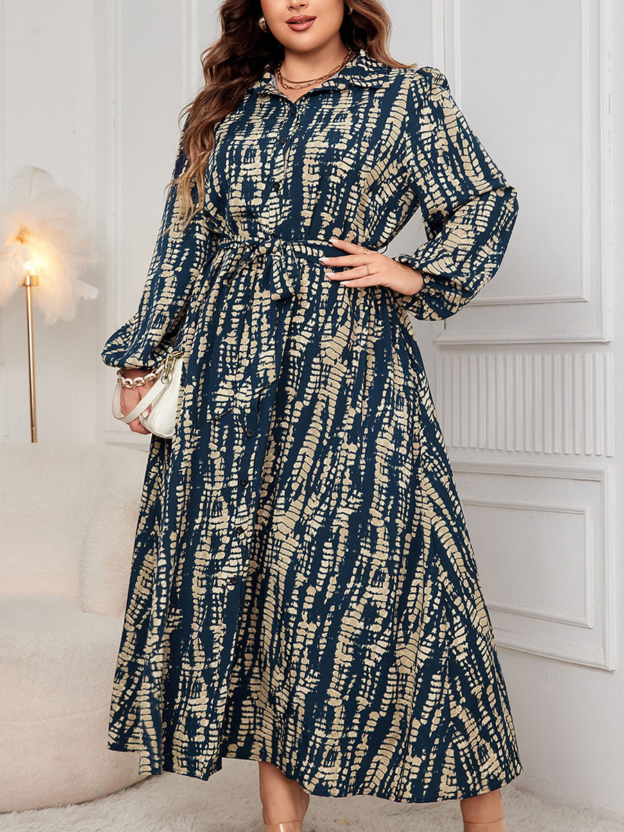 Thumbnail: Women s Plus Size Floral Print V-Neck Long Sleeve Maxi Dress with Belt and Pock