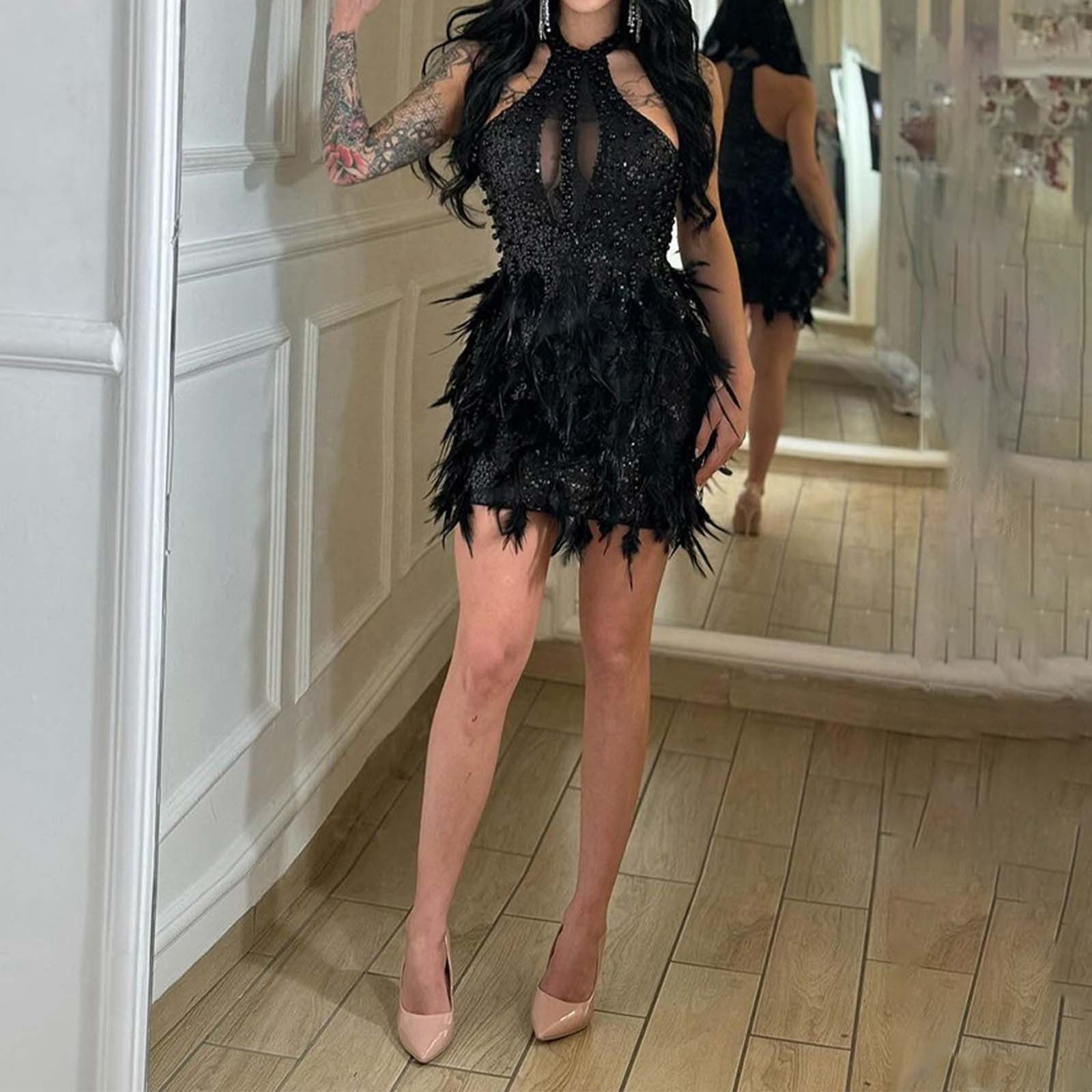 Women's Fashion Sexy Hollow Out Bodycon Feather Dress Cocktail Party Dresses Wh