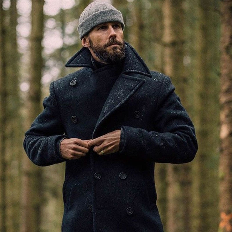 Thumbnail: Stylish Men s Winter Woolen Coats with Lapel Neck Long Sleeve Double Breasted B