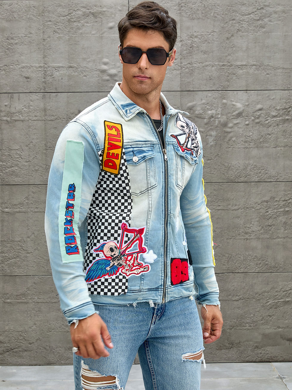 Thumbnail: Men's stretch denim jacket, cat creases wash water, full embroidered seal desig