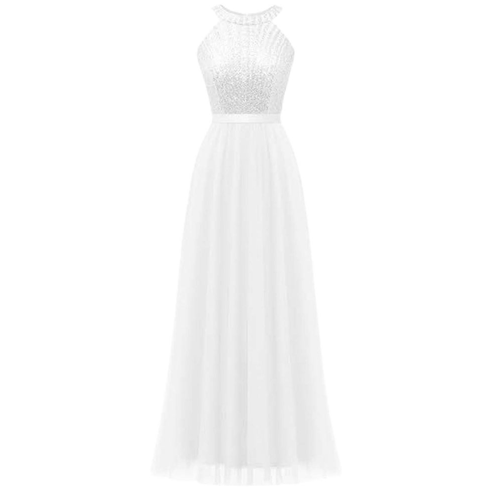Thumbnail: Elegant Halter Long Bridesmaid Dresses A-line Lace Sleeveless Wedding Party Eve