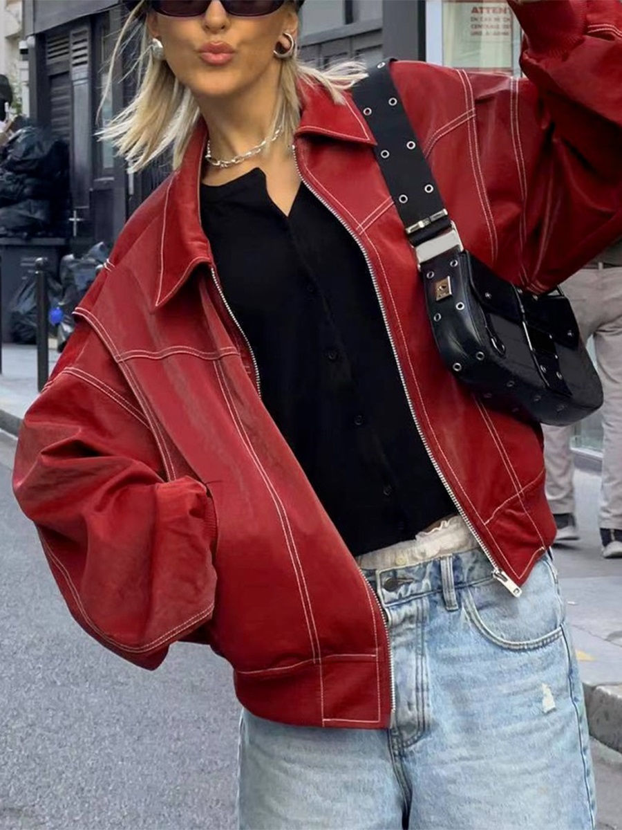 Thumbnail: Women s Faux Leather Jacket Stylish Lightweight Zipper Front Long Sleeve Coat f