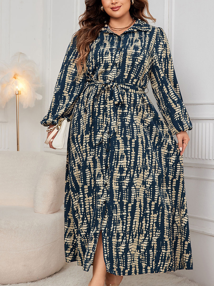 Miniatura: Women s Plus Size Floral Print V-Neck Long Sleeve Maxi Dress with Belt and Pock