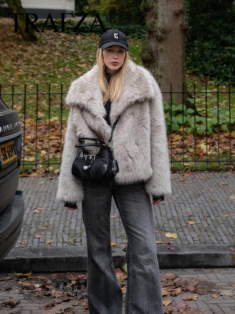 Thumbnail: TRAF 2024 Women Fashion Cropped Faux Fur Jacket Coat Long Sleeve Front Snap-but