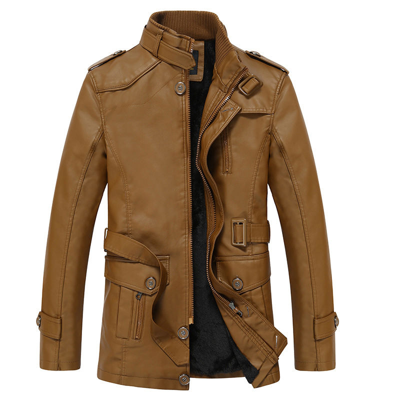 ภาพขนาดย่อ: 2023 Men Winter Fleece Warm Stand Collar Pu Leather Jacket Men Motor Outdoor Wi